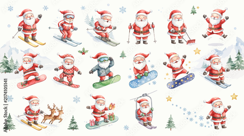 Obraz premium Watercolor Santa Claus Skiing and Snowboarding Set, Cute Christmas Winter Sport Character Collection
