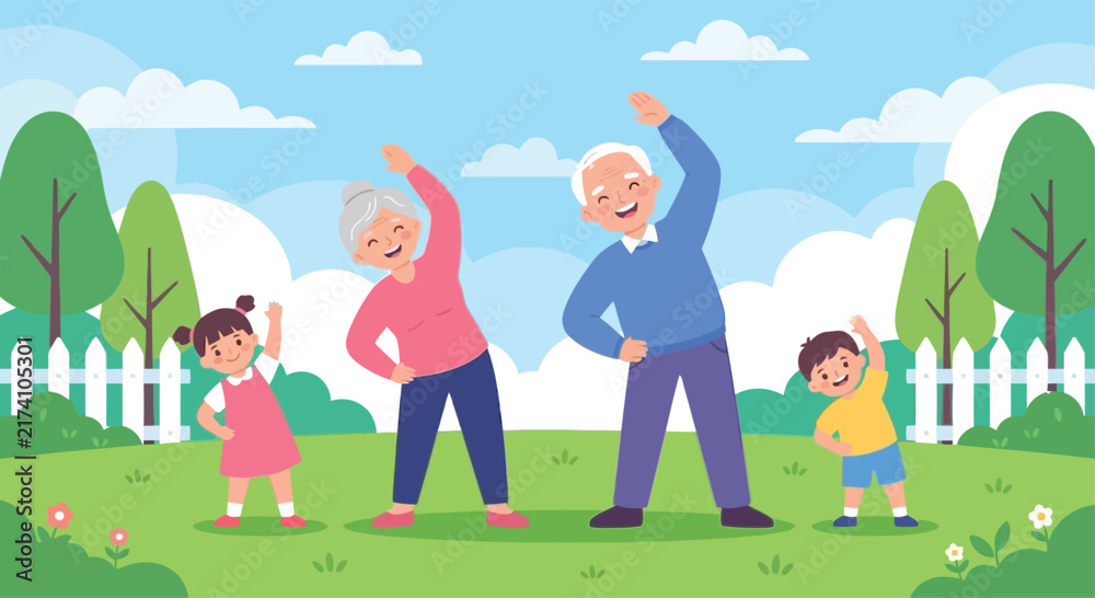 Fototapeta premium Happy Family Healthy Lifestyle and Morning Exercises Graphic