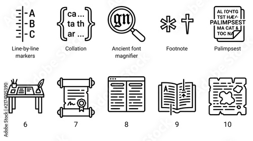 A grid of ten blackline icons representing textual analysis manuscripts and paleography tools with text labels