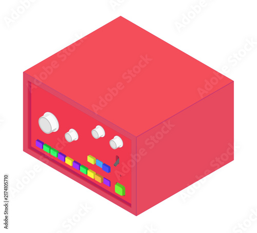 фотографія Red box with white background holds colorful buttons in isometric flat style, arranged rhythmically as a creative arranger for music-themed design projects