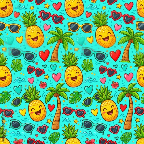 Happy pineapple emojis with sunglasses and hearts pattern