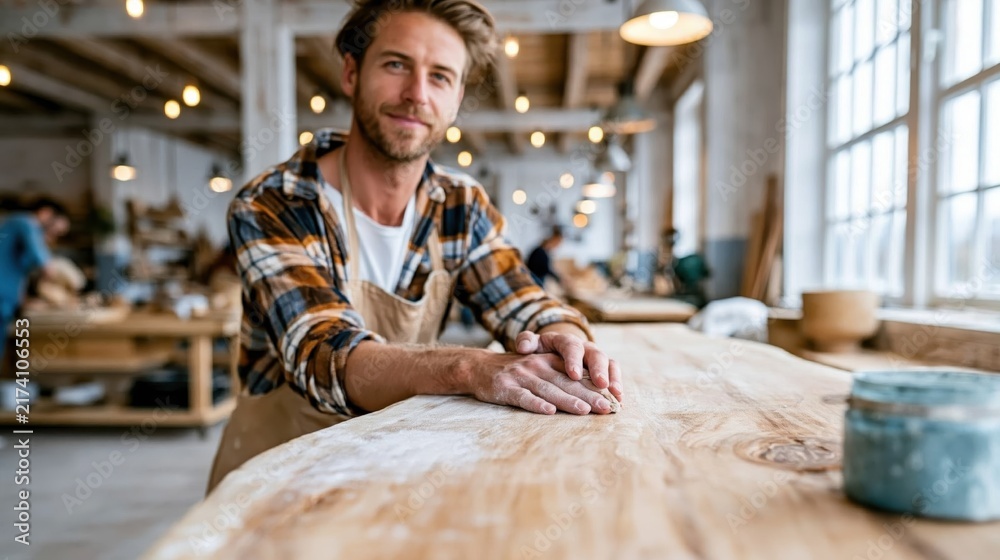Obraz premium A skilled artisan is focused on woodcraft in a spacious workshop, indicating creativity and dedication to craftsmanship in a serene environment filled with natural light.