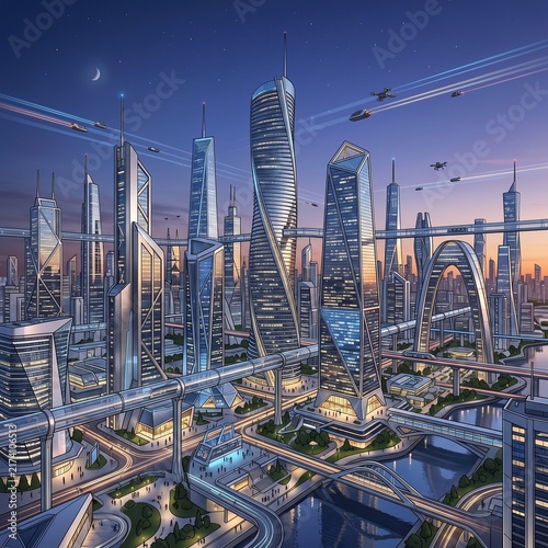 Modern futuristic skyscrapers at dusk cityscape