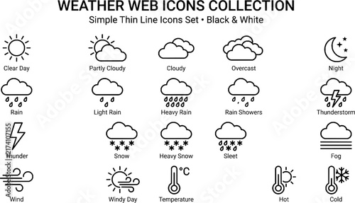Weather Forecast Line Icons Set - Vector Meteorology, Temperature, Rain, and Wind Symbols