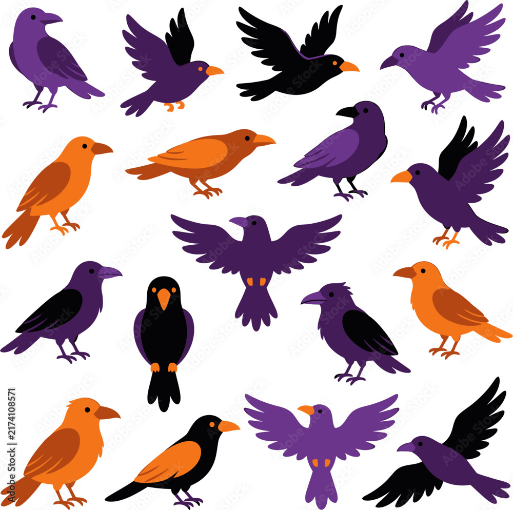 Fototapeta premium Colorful crows in various poses against a white background for graphic design and illustration purposes