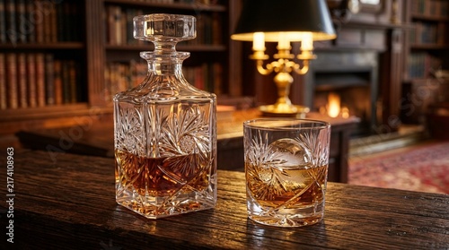 Crystal Decanter and Whiskey Glass on Table with Fireplace and Bookshelf Background