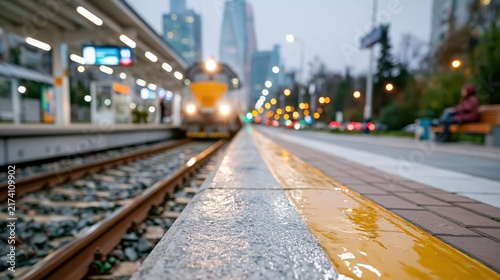 An atmospheric photograph of a train station at night, with blurred lights creating a lively backdrop, capturing the essence of urban life and the anticipation of travel.