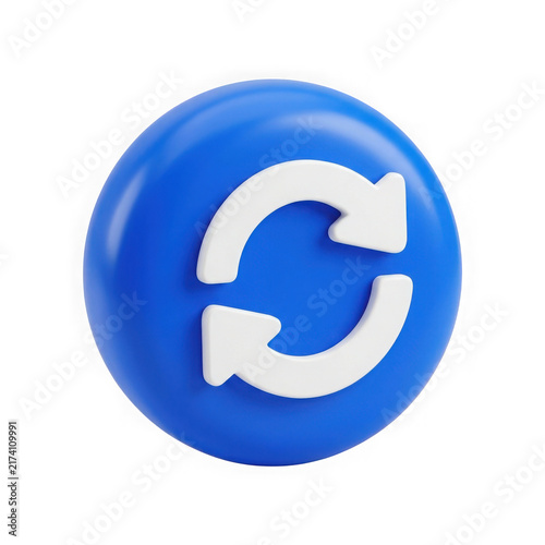 3D Blue Refresh Icon Button with White Circular Arrows for UI Design and Web Interface