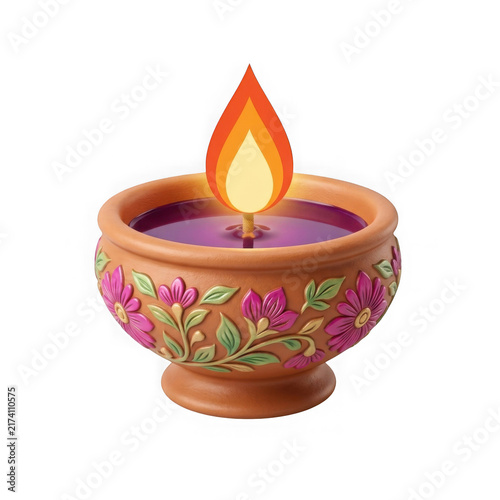 Diwali diya oil lamp with floral pattern and glowing flame isolated on white background