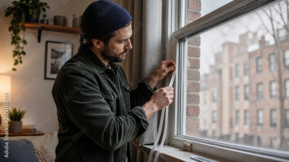Fototapeta premium A homeowner applying removable weather sealing around a drafty apartment window on a cold morning, panoramic commercial banner view, for