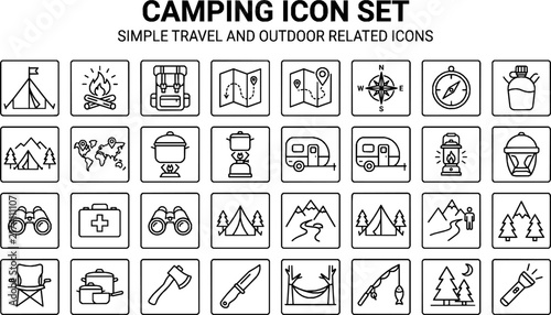 Camping Line Icons Set - Vector Outdoor Travel, Tent, Campfire, and Hiking Symbols