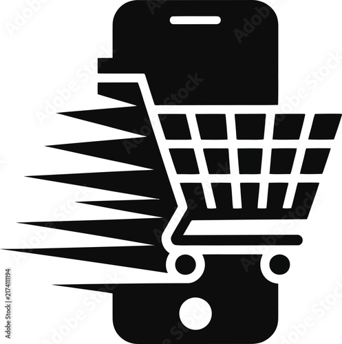 Mobile shopping cart icon. Fast delivery smartphone silhouette with speed lines. Graphic symbol for e-commerce, express online checkout, digital retail applications, and quick store purchases.