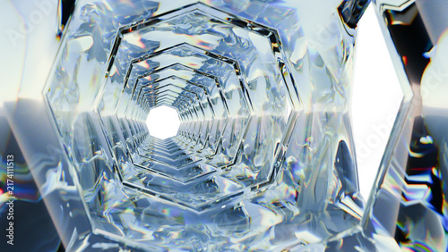 3D transparent glass hexagonal tunnel with prismatic reflections