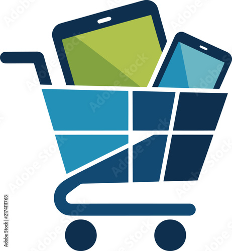 Mobile shopping cart vector illustration. Features tablet and smartphone screens inside a blue retail trolley. Concept for digital e-commerce, online store, and electronics buying.