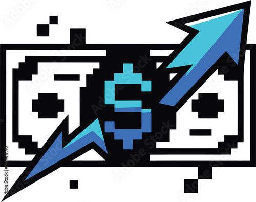 Dollar bill pixel art vector illustration. Features a retro 8-bit style cash banknote with a blue growth arrow pointing up. Perfect for financial technology, crypto trading, and gaming economy.