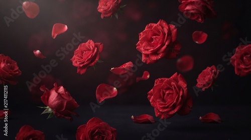 Elegant Floating Red Roses and Delicate Petals Suspended in Atmospheric Darkness for Romantic Backgrounds and Floral Design Projects