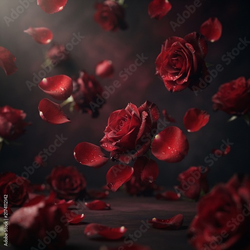 Elegant Floating Red Roses and Falling Petals Against a Moody Dark Atmospheric Backdrop for Romantic Floral Still Life Photography