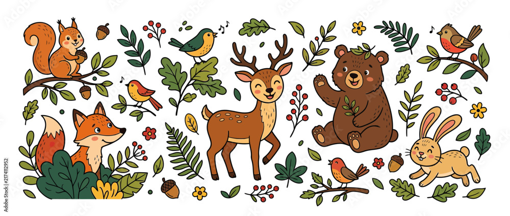 Obraz premium Cute Woodland Animals and Foliage Collection Isolated