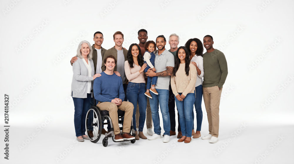 Obraz premium Diverse multigenerational family posing together against white background. Inclusive community, diversity, unity, support, family values.