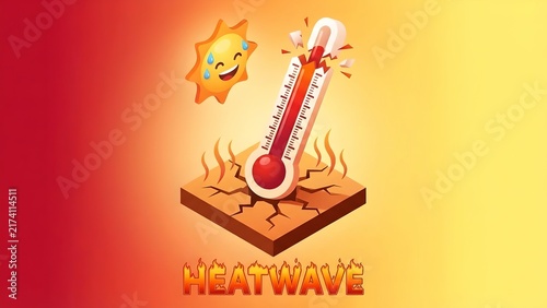 Illustration of a thermometer indicating extreme heat, with a sweating sun emoji and cracked earth, representing a heatwave