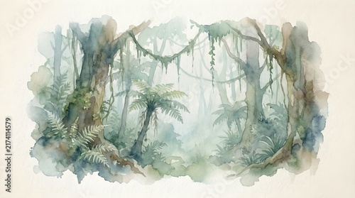 A mystical jungle scene with dense foliage, ancient trees draped with vines, and a misty atmosphere. The watercolor style creates a dreamlike and ethereal quality.
