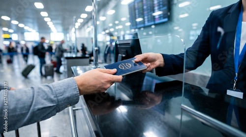 Traveler handing a blue passport to an airline check-in agent for verification at a bright busy international airport departure terminal