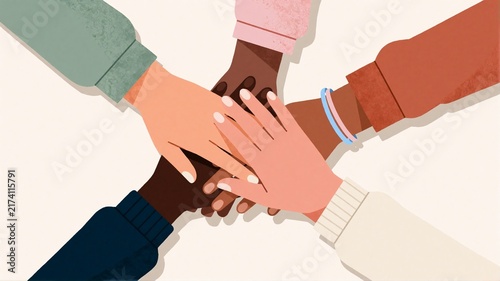 Illustration of diverse hands stacked together in unity
