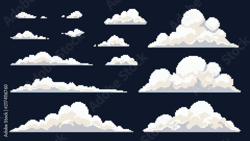 Pixel Art Cloud Collection Fluffy Sky Game Background Elements, Pixel Cloud Set Fluffy Clouds Game Background Design Assets