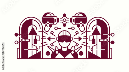 Futuristic VR headset user with abstract technology elements isolated