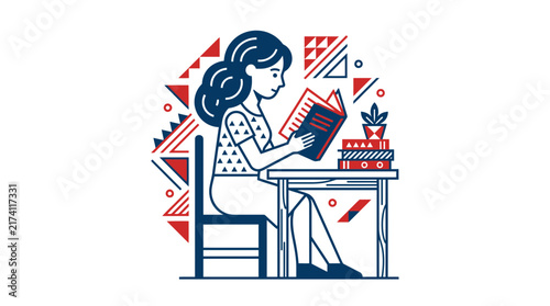 Girl Reading Book at Desk with Stack of Books, Isolated