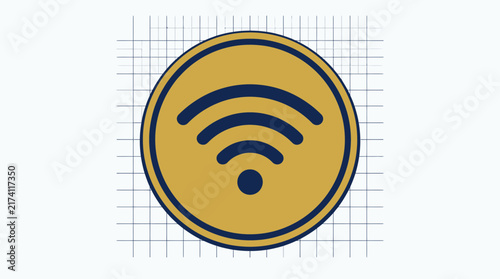 Golden Wi-Fi Signal Icon Isolated on Grid Background, Wireless Technology Symbol