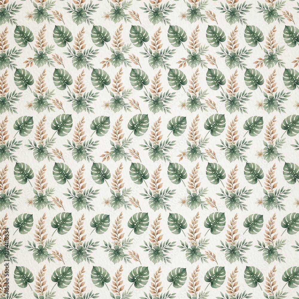 Fototapeta premium Seamless watercolor pattern with tropical monstera leaves and beige sp