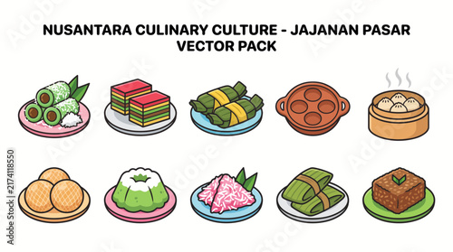 A collection of ten vectorstyle illustrations showcasing traditional Indonesian snacks on various plates