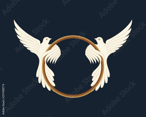 Two White Doves Flying in Golden Circle Formation Against Dark Background