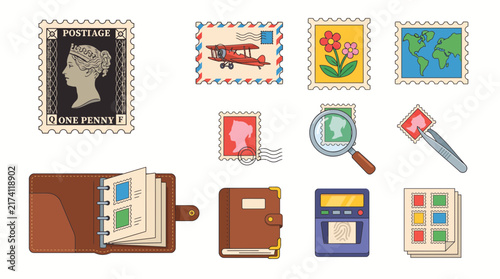 Fotografie A collection of philatelic icons featuring vintage postage stamps an album a mag