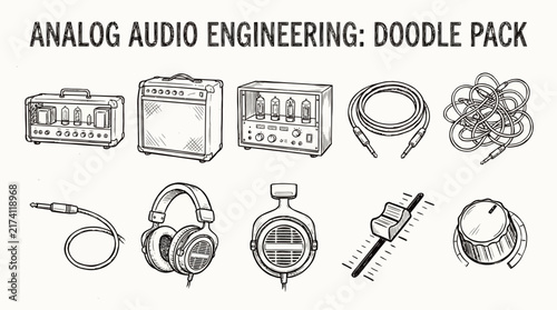 Bild auf Leinwand Handdrawn icons of audio engineering equipment including amplifiers cables headp