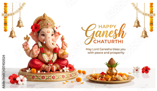 Картината върху платно Realistic Lord Ganesha idol statue with puja thali and hanging bells for festiva