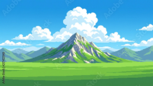 Pixel Art Green Mountain Blue Sky White Clouds Peaceful Meadow, Pixel Art Mountain Landscape Green Meadow Blue Sky Clouds