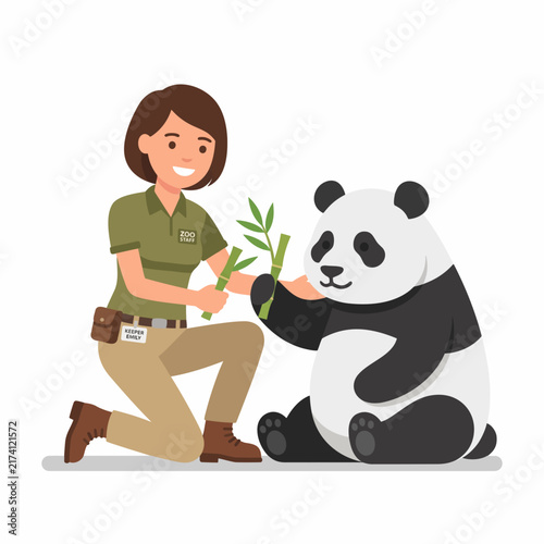 Woman Hugging Panda Flat Vector Illustration