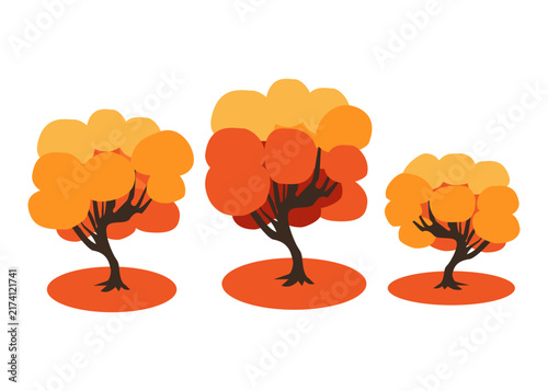 Autumn trees with yellow-orange crowns. Set of design elements - vector color illustration