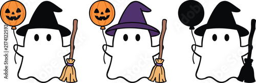 Cute Halloween ghost characters wearing witch hats and holding broomsticks, decorated with pumpkins and spooky Halloween elements. Isolated cartoon vector illustration on a white background.