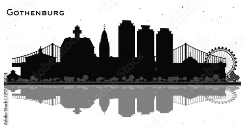 Gothenburg Sweden City Skyline Silhouette with Black Buildings Isolated on White. Gothenburg Cityscape with Landmarks. Business Travel and Tourism Concept with Historic Architecture.