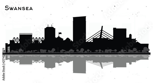 Swansea Wales City Skyline Silhouette with Black Buildings Isolated on White. Swansea UK Cityscape with Landmarks. Business Travel and Tourism Concept with Historic Architecture.