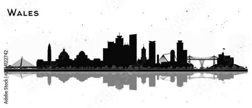 Wales City Skyline Silhouette with Black Buildings Isolated on White. Concept with Historic Architecture. Wales Cityscape with Landmarks. Cardiff. Swansea. Newport.