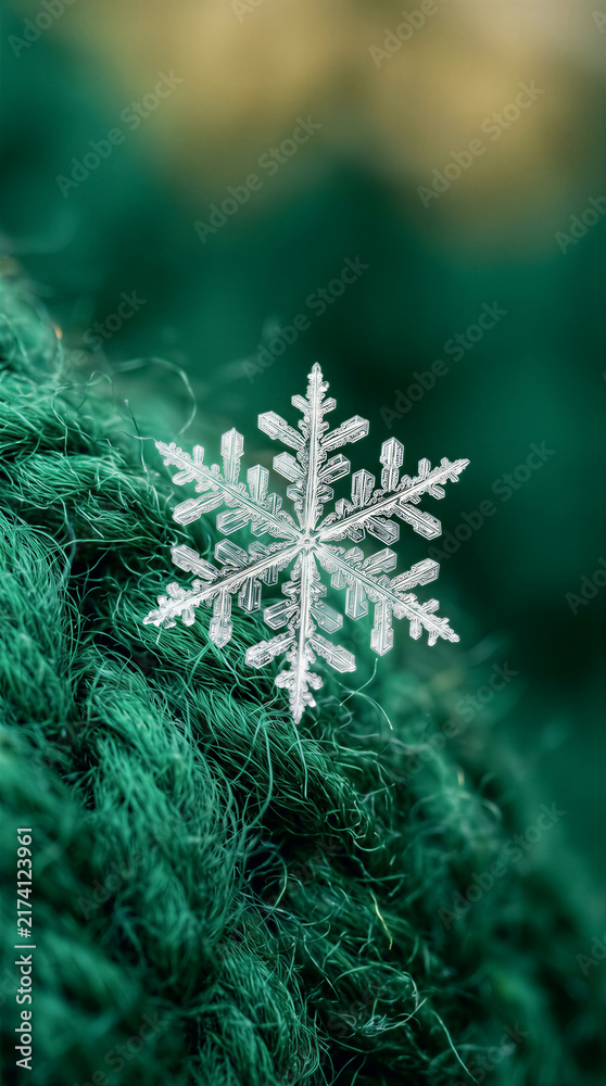 Obraz premium Single snowflake resting on green textured fabric. Winter, holiday season, Christmas decoration, nature closeup.