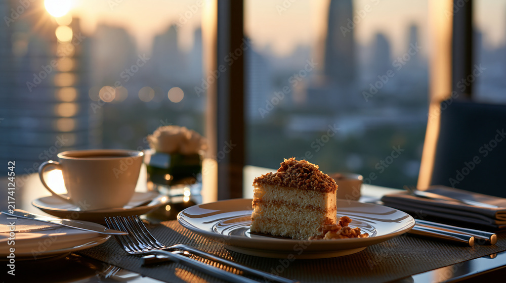 Obraz premium Gourmet dessert served alongside coffee on a table with a bright city skyline view in the background gourmet dessert coffee city view fine dining cafe presentation