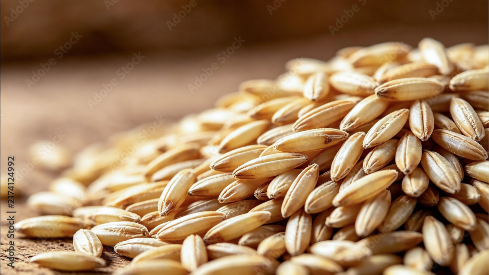 Obraz premium Close-up of a pile of raw grain kernels, possibly oats or rye, resting on a rustic wooden surface with a shallow depth of field.