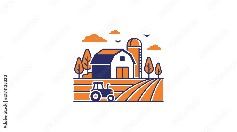 Naklejka premium Farm Scene with Tractor, Barn, Silo, and Trees - Rural Illustration