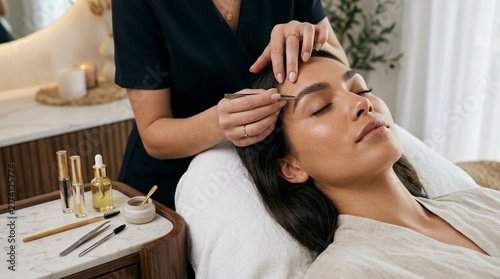 Beautician Tweezing Woman's Eyebrows in Spa Setting
