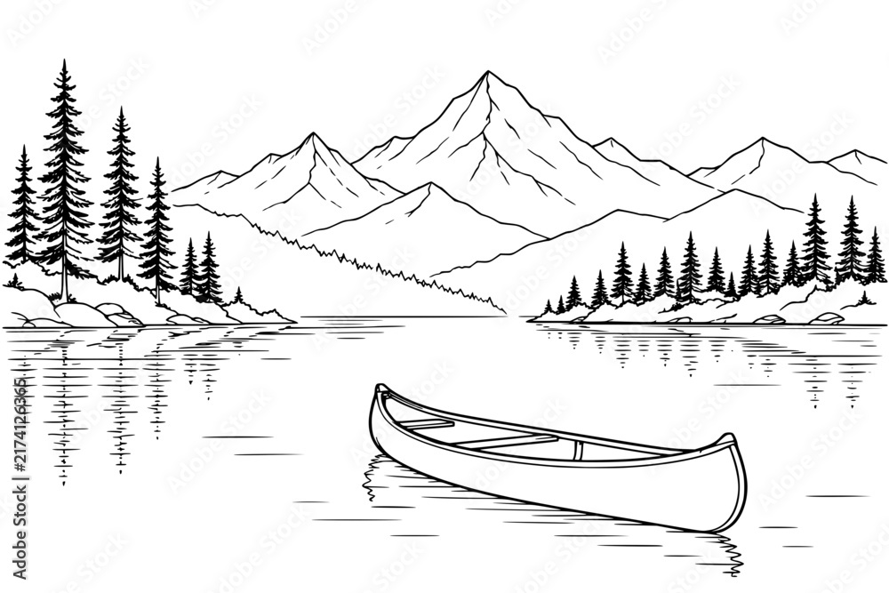 Fototapeta premium Serene Lake Landscape with Canoe - Black and White Vector Line Art of Boat on Water, Mountains, and Pine Forest Reflections